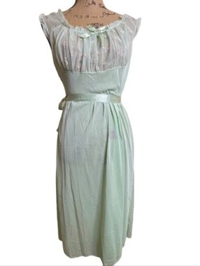 Vintage mint green long night gown sheer top FLAW